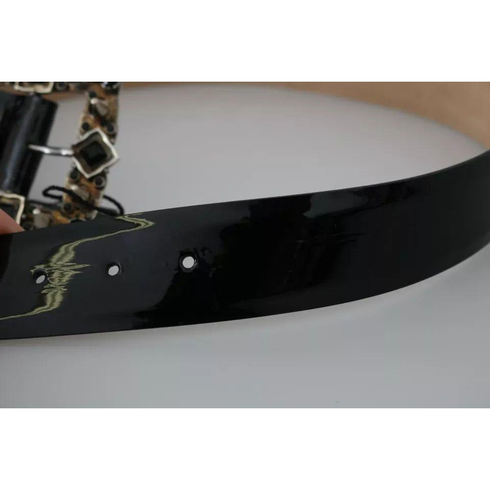 Dolce & Gabbana Black Shiny Leather Crystal Logo Buckle Belt Dolce & Gabbana