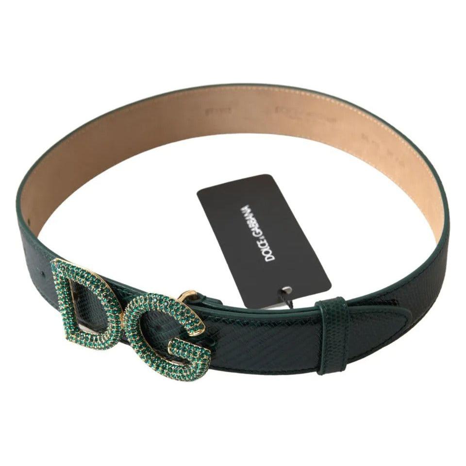 Dolce & Gabbana Green Iguana Leather DG Crystal Gold Buckle Belt Dolce & Gabbana