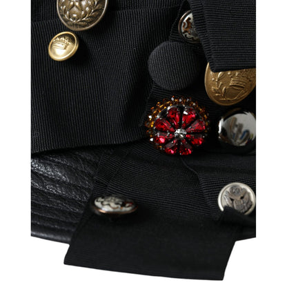 Dolce & Gabbana Black Leather DG Coin Crystal Wide Brim Hat