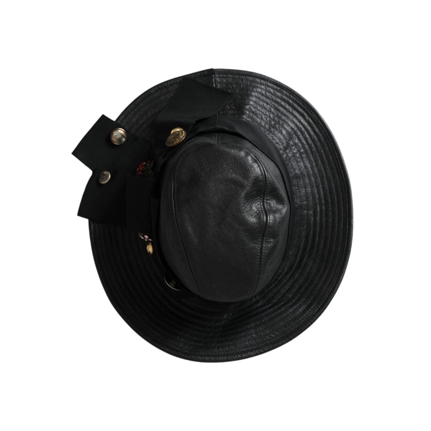 قبعة دولتشي آند غابانا ذات الحواف العريضة من الجلد الأسود مع قطعتي كريستال