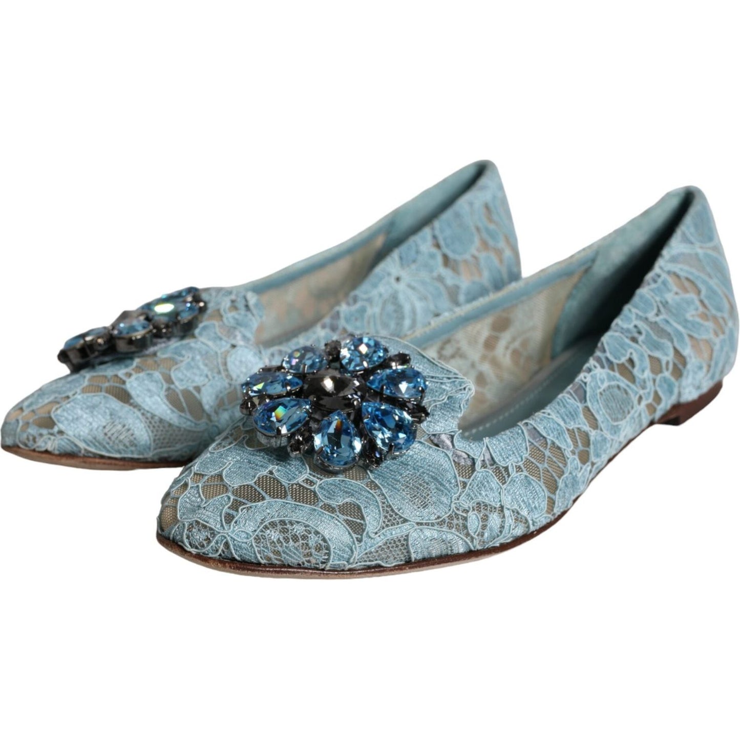 Dolce & Gabbana Blue Lace Crystal Ballet Flats Loafers Shoes Dolce & Gabbana