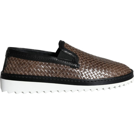 Dolce & Gabbana Brown Black Leather Weaved Men Loafers Shoes Dolce & Gabbana