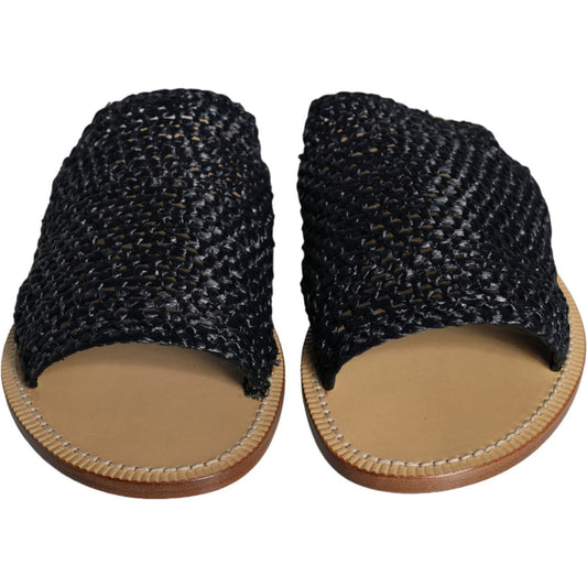 Dolce & Gabbana Black Monochrome Braided Raffia Slides Shoes Dolce & Gabbana