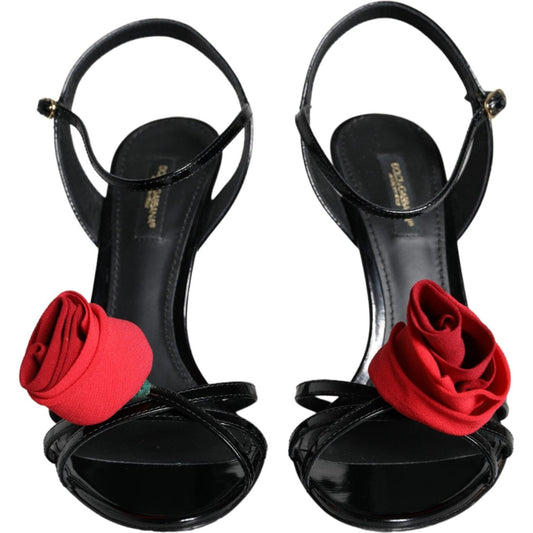 Dolce & Gabbana Black Leather Rose Ankle Strap Keira Sandals Shoes Dolce & Gabbana