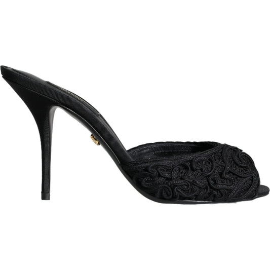 Dolce & Gabbana Black Keira Cordonetto Heels Slides Shoes Dolce & Gabbana