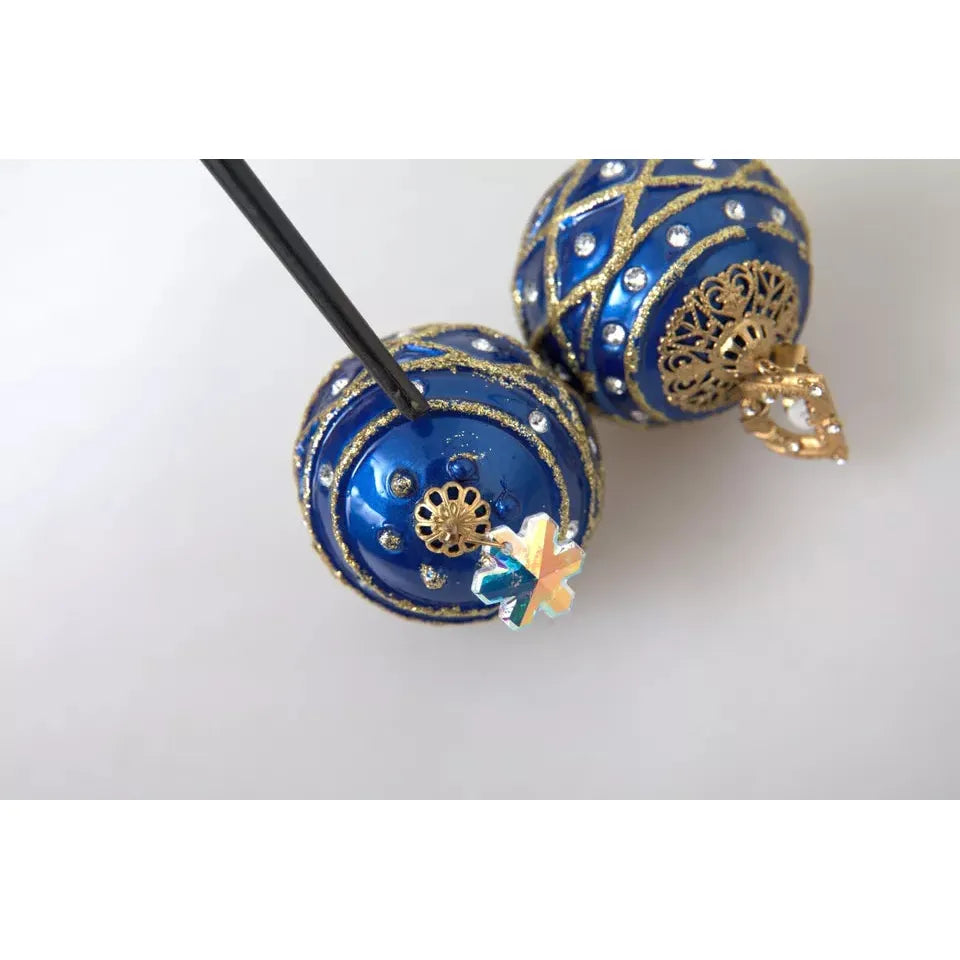 Dolce & Gabbana Gold Brass Blue Dangle Christmas Ball Crystal Clip On Earrings