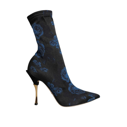 Dolce & Gabbana Black Floral Stretch Mid Calf Boots Shoes