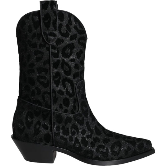 Dolce & Gabbana Black Gray Leopard Cowboy Boots Shoes Dolce & Gabbana