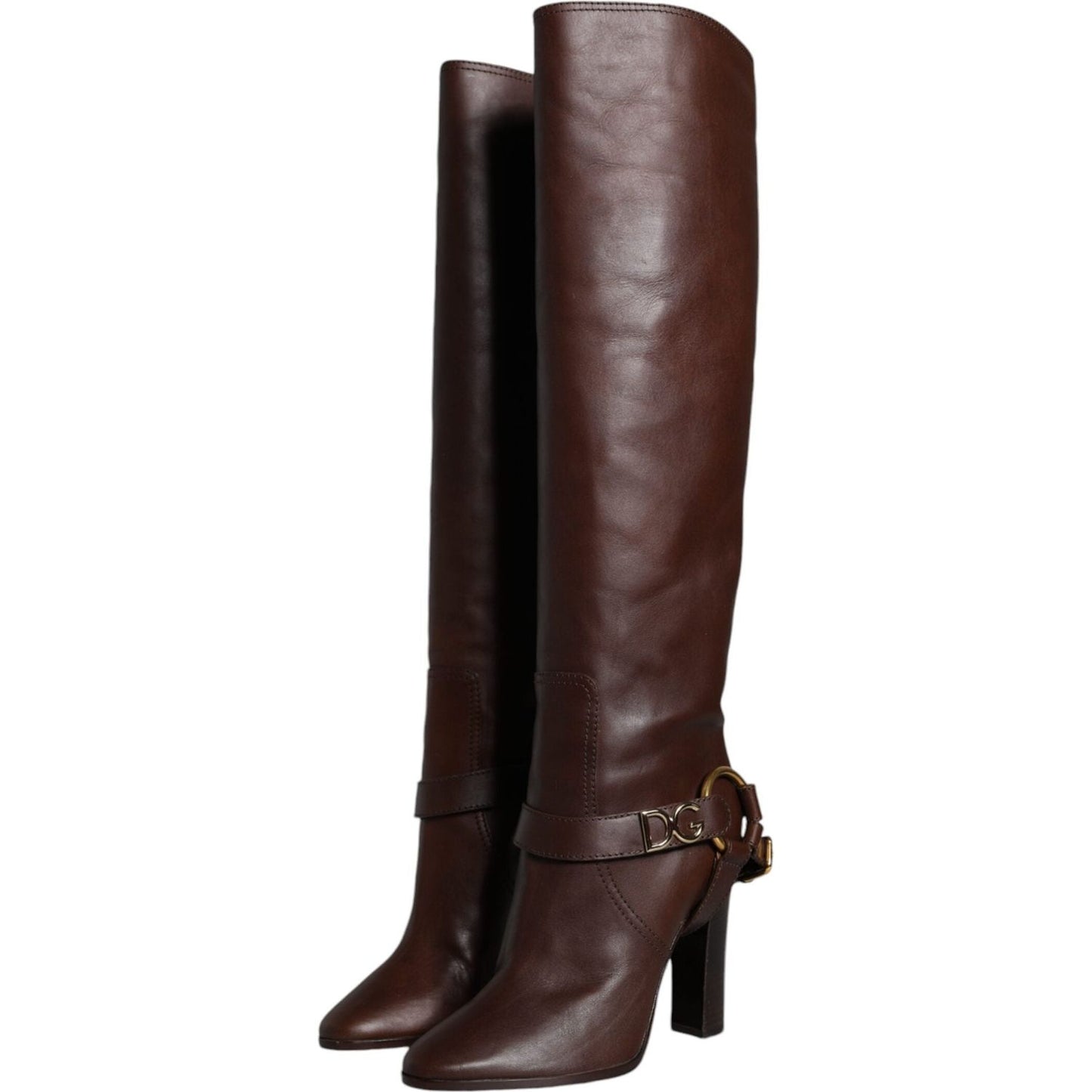 Dolce & Gabbana Brown Leather Gold Tone Logo High Boots Shoes Dolce & Gabbana