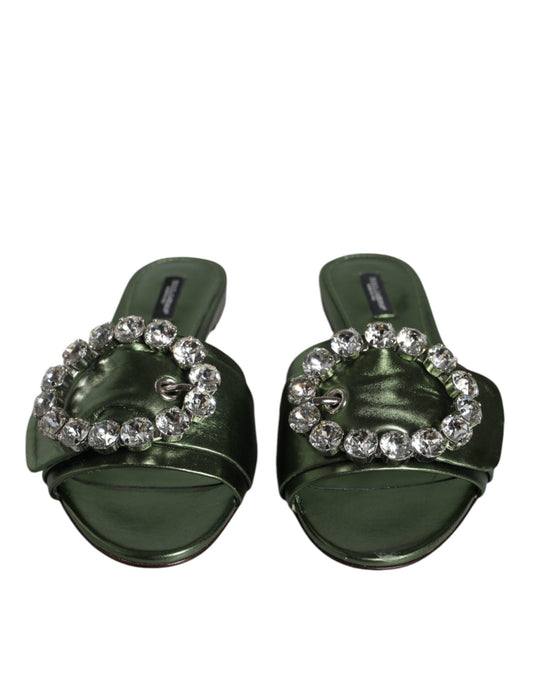 Dolce & Gabbana Metallic Green Crystal Leather Flats Sandals Shoes Dolce & Gabbana