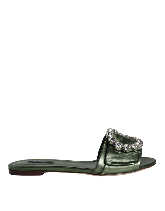 Dolce & Gabbana Metallic Green Crystal Leather Flats Sandals Shoes Dolce & Gabbana