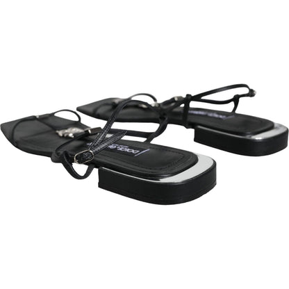Dolce & Gabbana Black Leather Logo Ankle Strap Keira Sandals Shoes