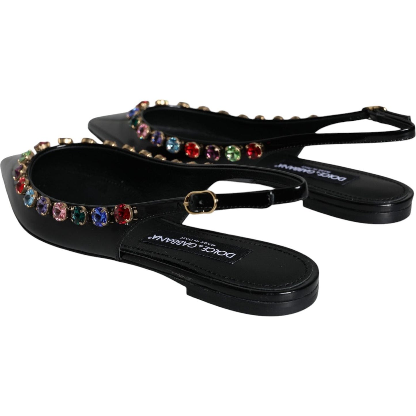 Dolce & Gabbana Black Leather Crystal Flats Slingback Shoes Dolce & Gabbana