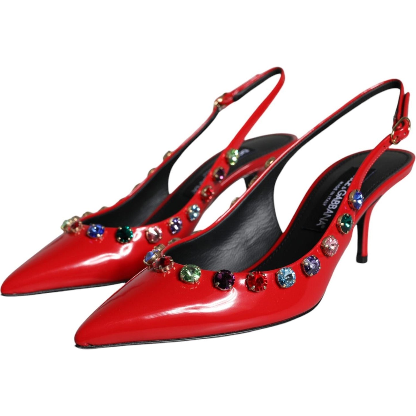 Dolce & Gabbana Red Leather Crystal Heels Slingback Shoes Dolce & Gabbana