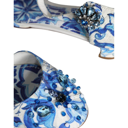 Dolce & Gabbana White Blue Majolica Print Ankle Strap Sandals Shoes