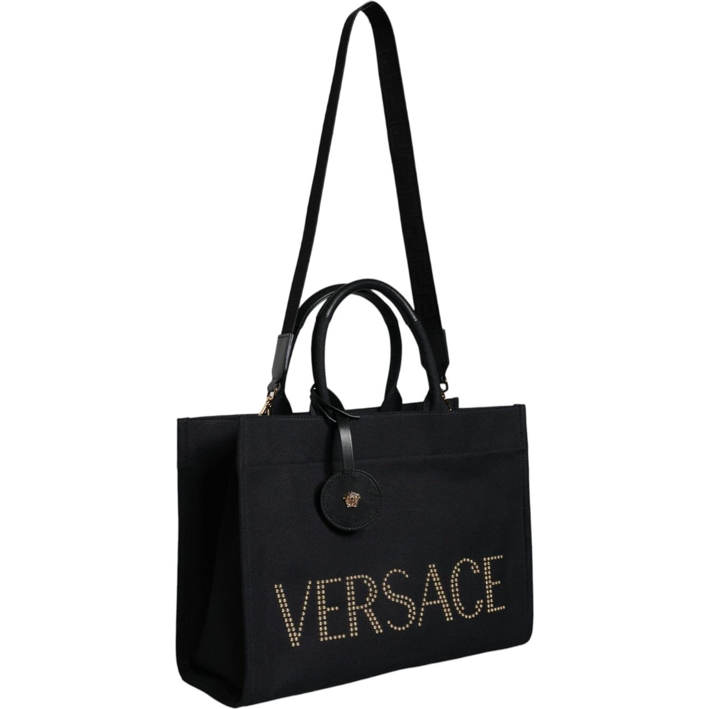 Versace Black Top Handle Canvas Leather Logo Crossbody Tote Bag Versace