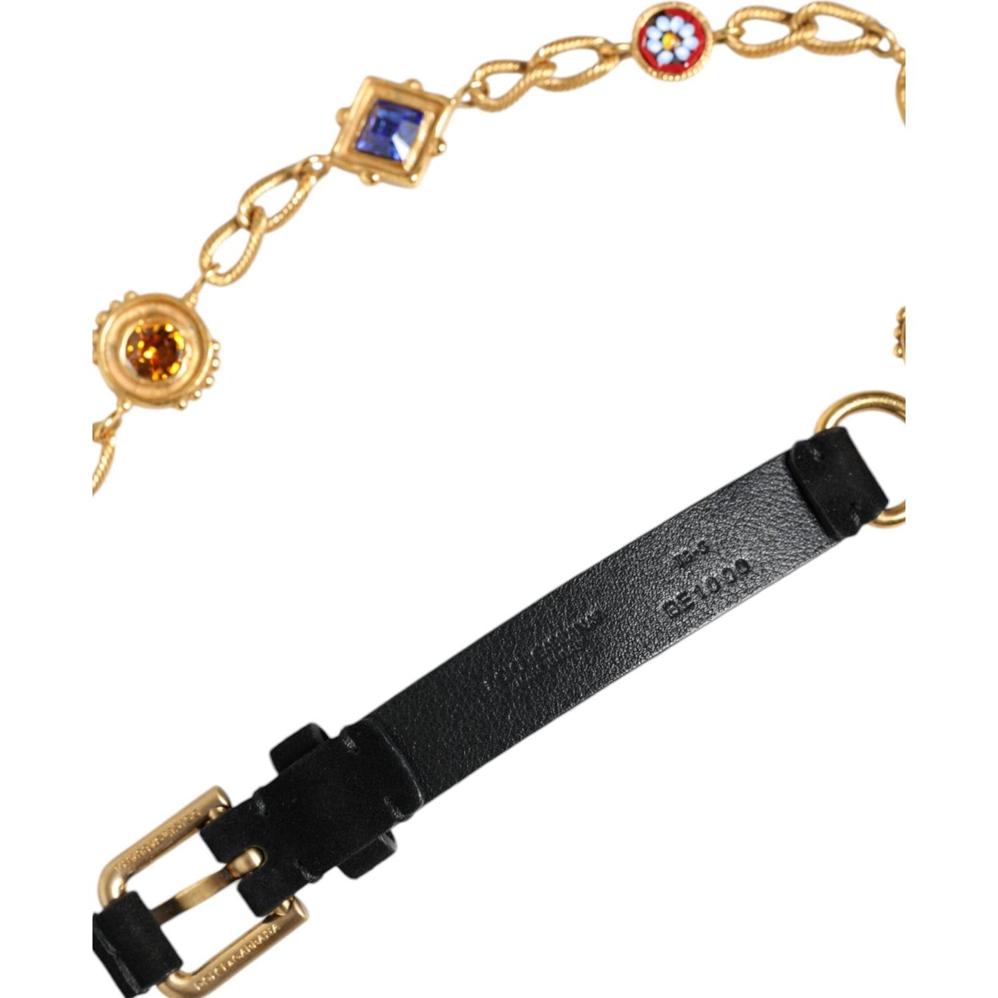 Dolce & Gabbana Black Leather Gold Brass Crystal Chain Waist Belt Dolce & Gabbana