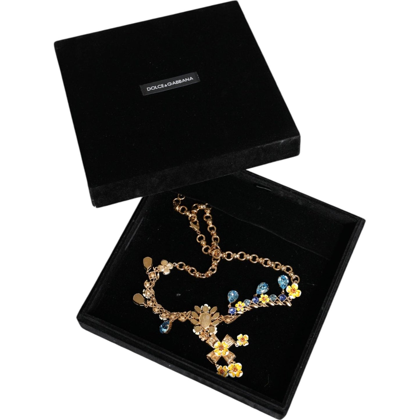 Dolce & Gabbana Gold Brass Chain Floral Crystal Cross Pendant Necklace Dolce & Gabbana