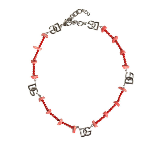 Dolce & Gabbana Silver Tone Brass Beaded Resin DG Logo Chain Necklace