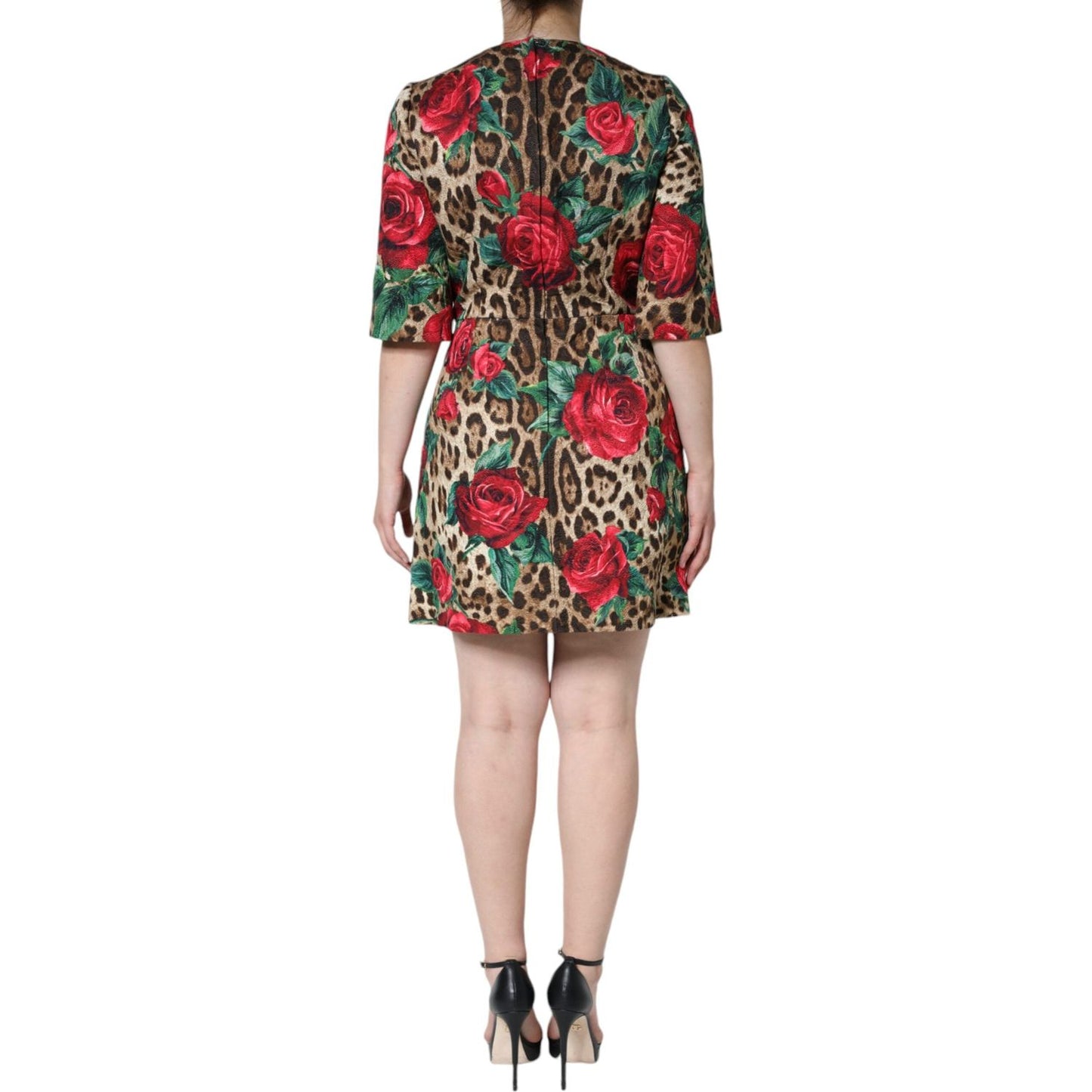 Dolce & Gabbana Brown Leopard Red Roses Cotton A-line Dress Dolce & Gabbana