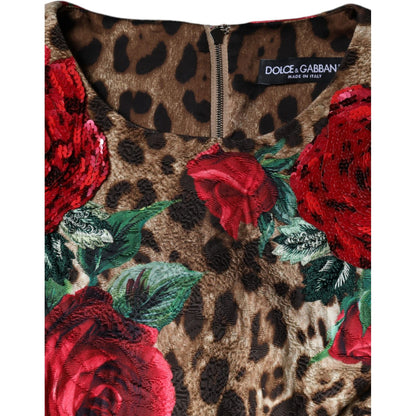 Dolce & Gabbana Brown Leopard Red Roses Cotton A-line Dress