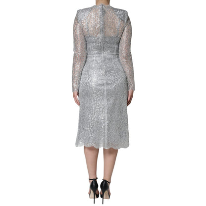 Dolce & Gabbana Silver Floral Lace Bodycon Sheath Midi Dress