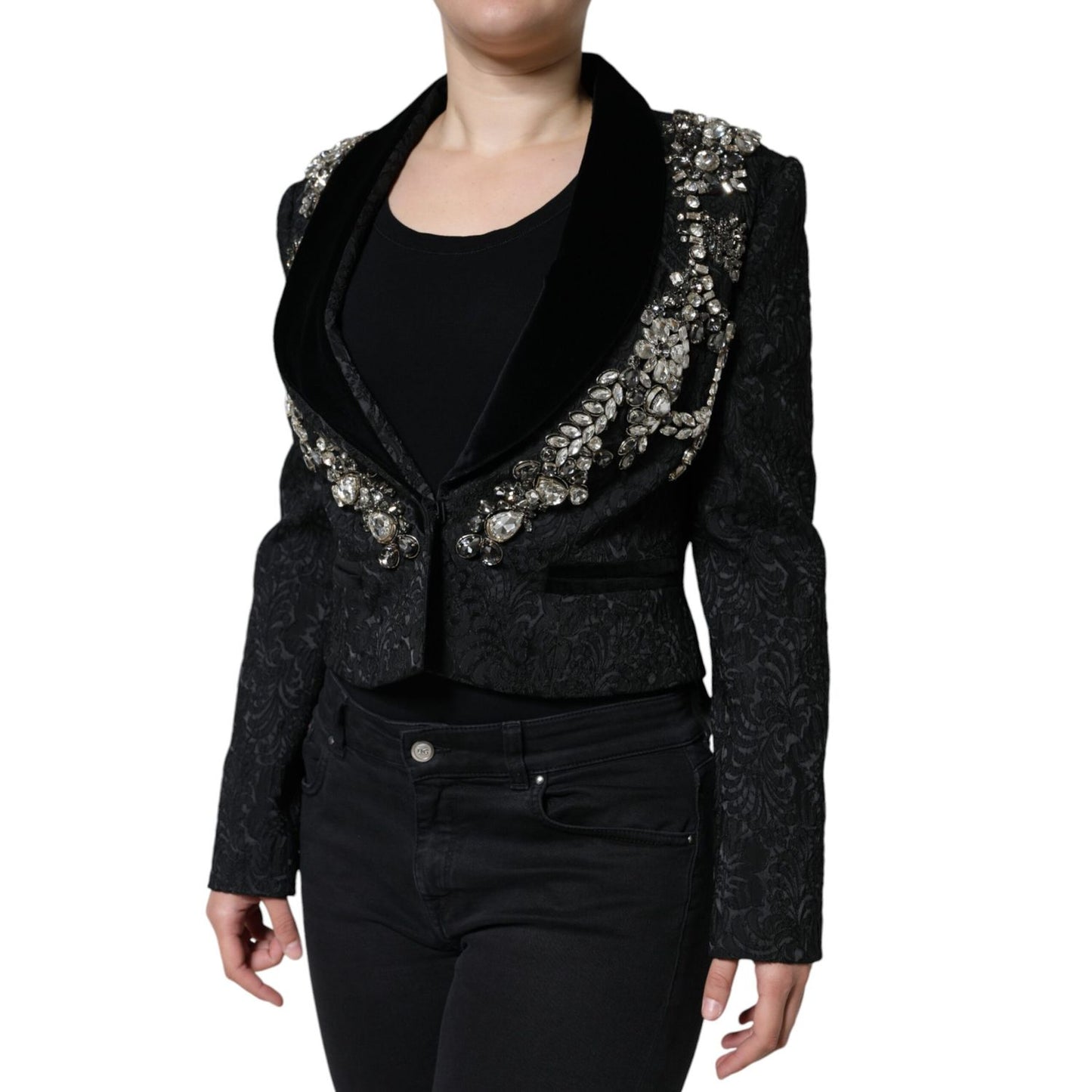 Dolce & Gabbana Black Jacquard Crystal Floral Jacket Blazer