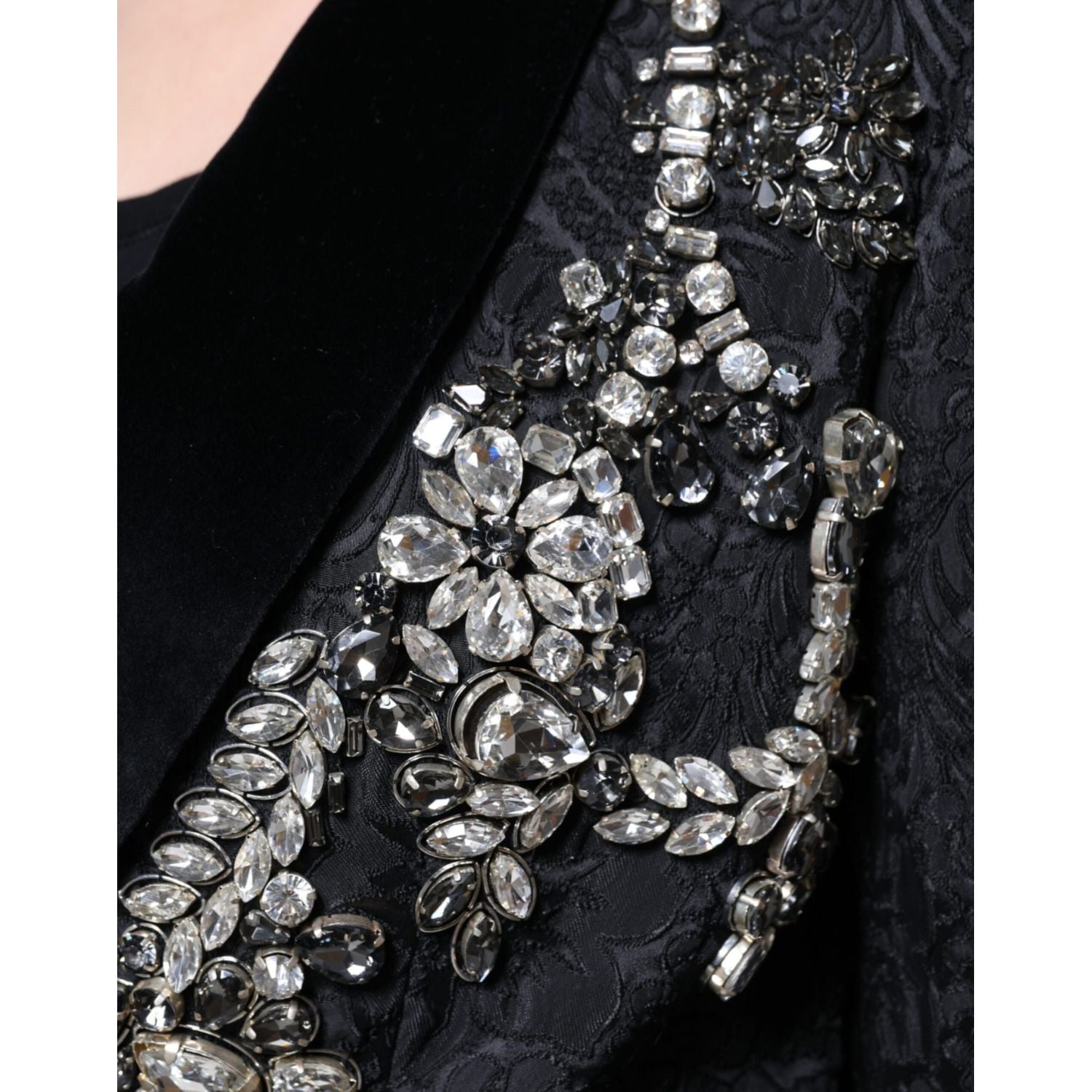 Dolce & Gabbana Black Jacquard Crystal Floral Jacket Blazer