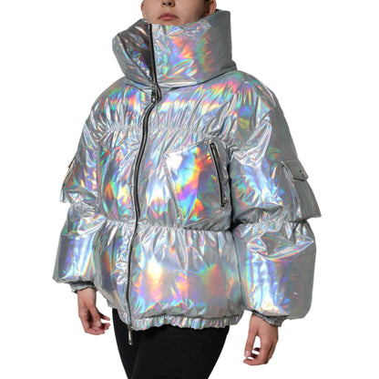 Dolce & Gabbana Silver Iridescent Puffer Full Zip Coat Jacket