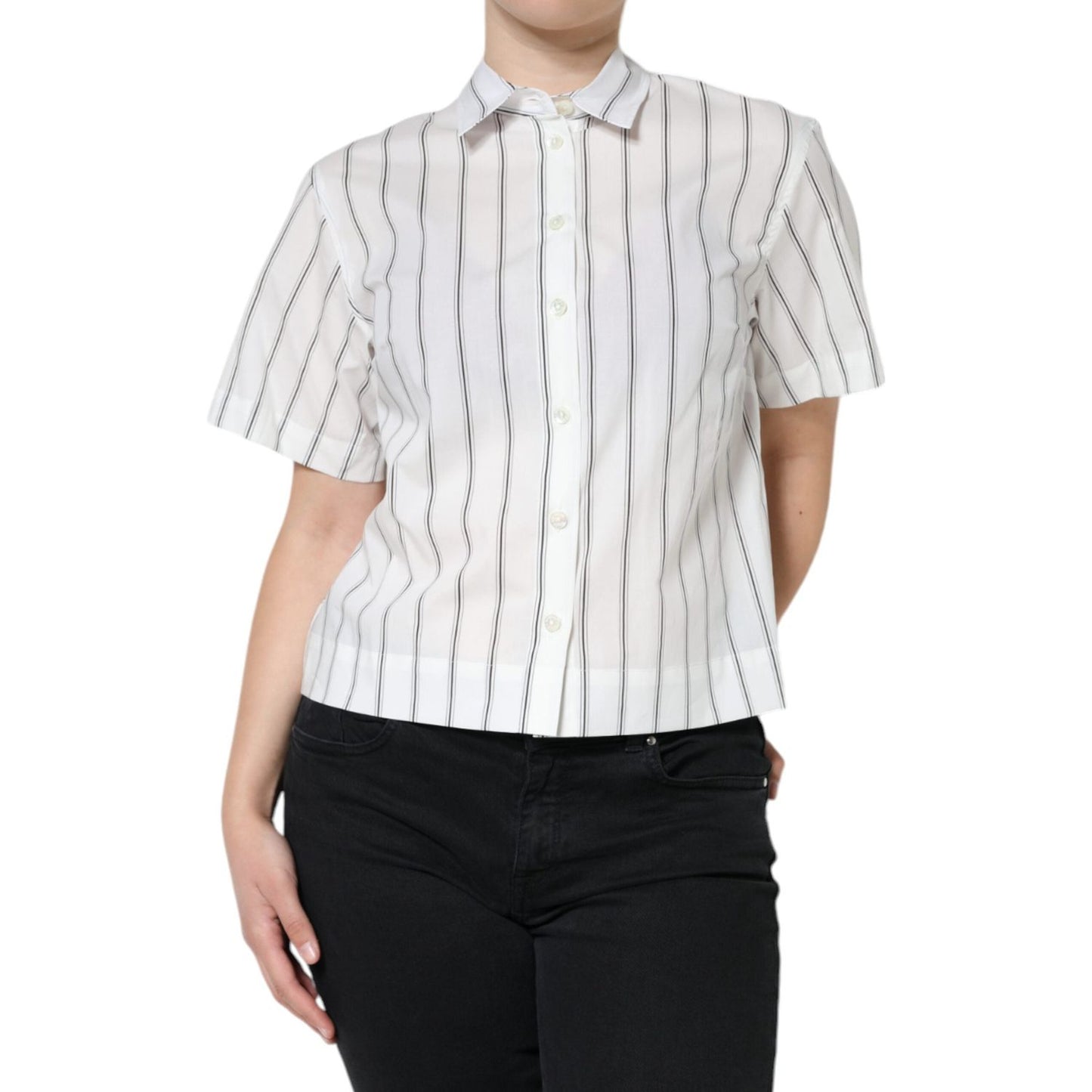 Dolce & Gabbana White Striped Collared Short Sleeve Polo Top Dolce & Gabbana