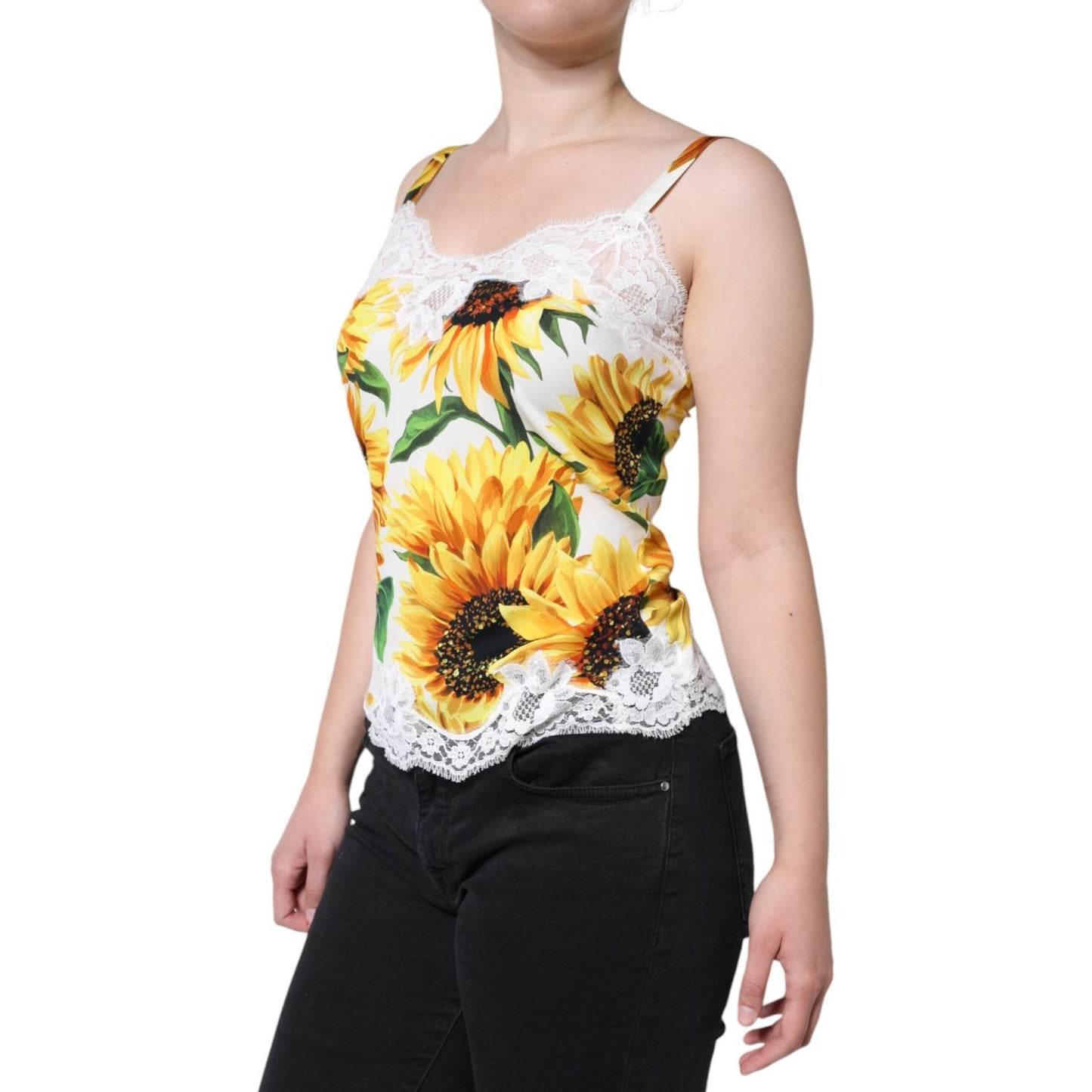 Dolce & Gabbana White Silk Sunflower Lace Sleeveless Tank Top Dolce & Gabbana