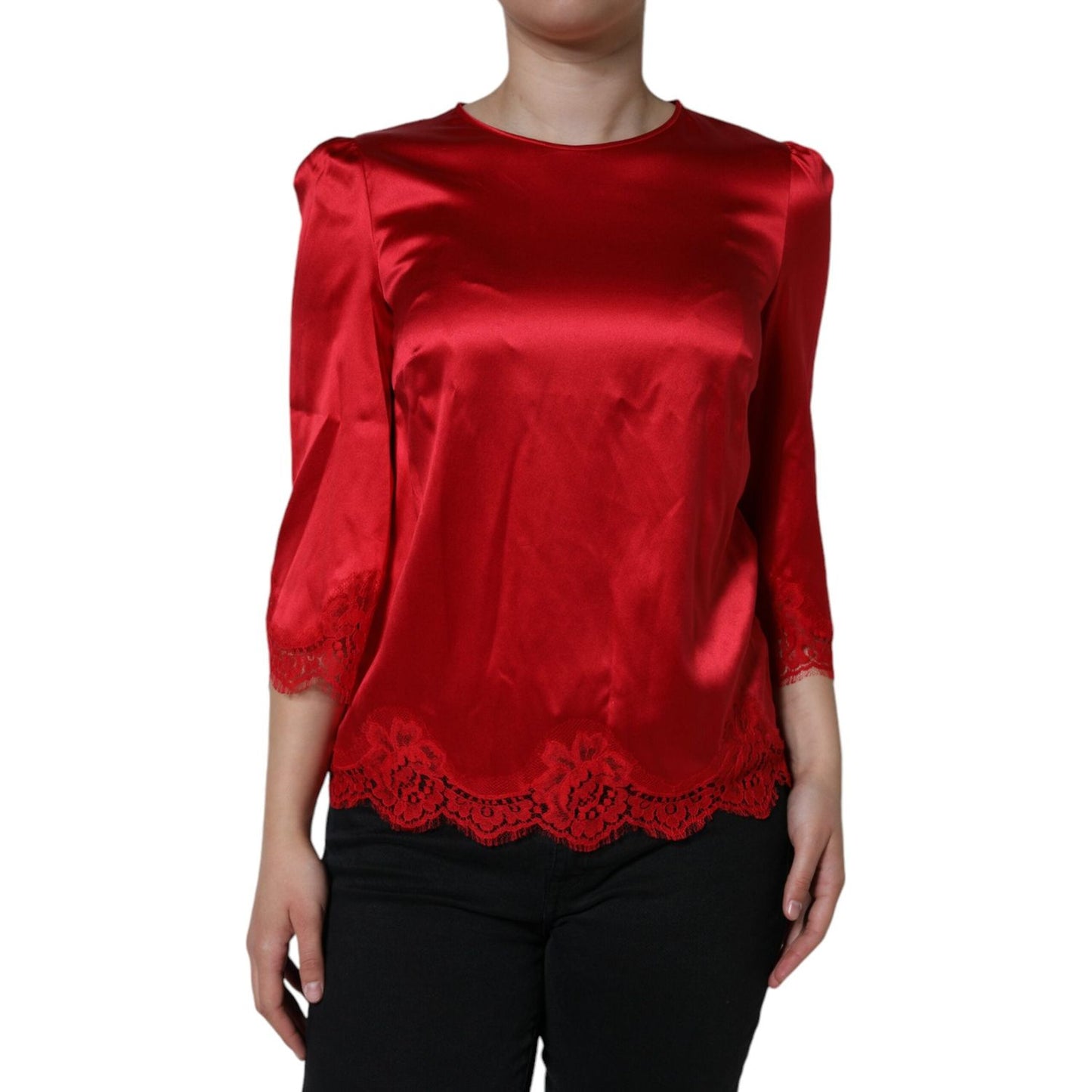 Dolce & Gabbana Red Satin Lace Trim Round Neck Blouse Top Dolce & Gabbana