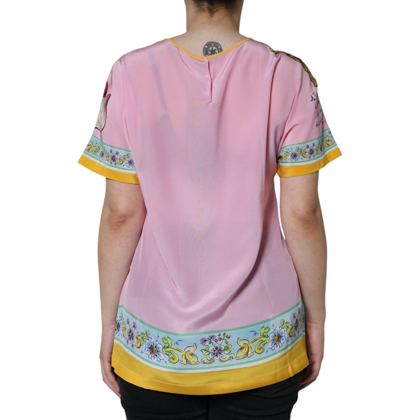 Dolce & Gabbana Pink Silk Araneine Siciliana Print Short Sleeves Top Dolce & Gabbana