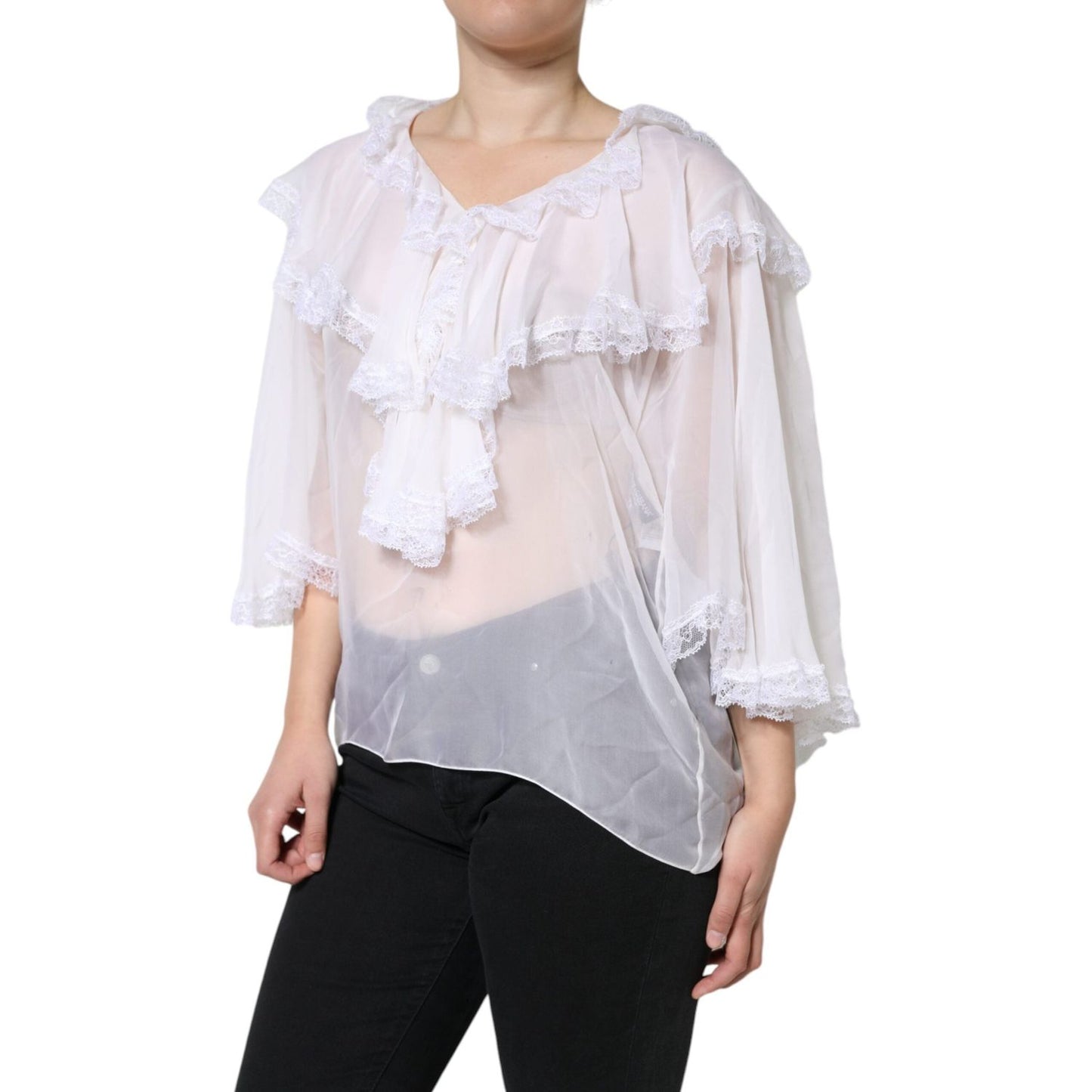 Dolce & Gabbana White Ruffles Lace Long Sleeve Blouse Top Dolce & Gabbana