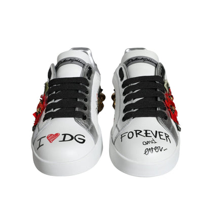 Dolce & Gabbana White Leather Floral Studded Sneakers Shoes
