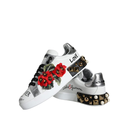 Dolce & Gabbana White Leather Floral Studded Sneakers Shoes