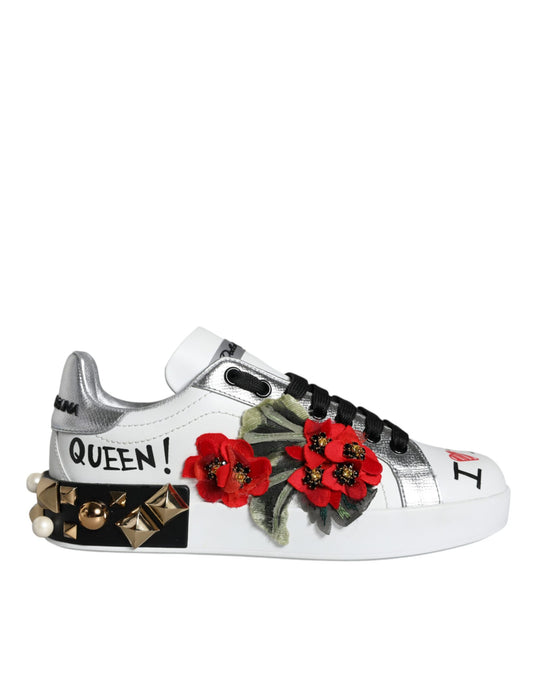 Dolce & Gabbana White Leather Floral Studded Sneakers Shoes Dolce & Gabbana