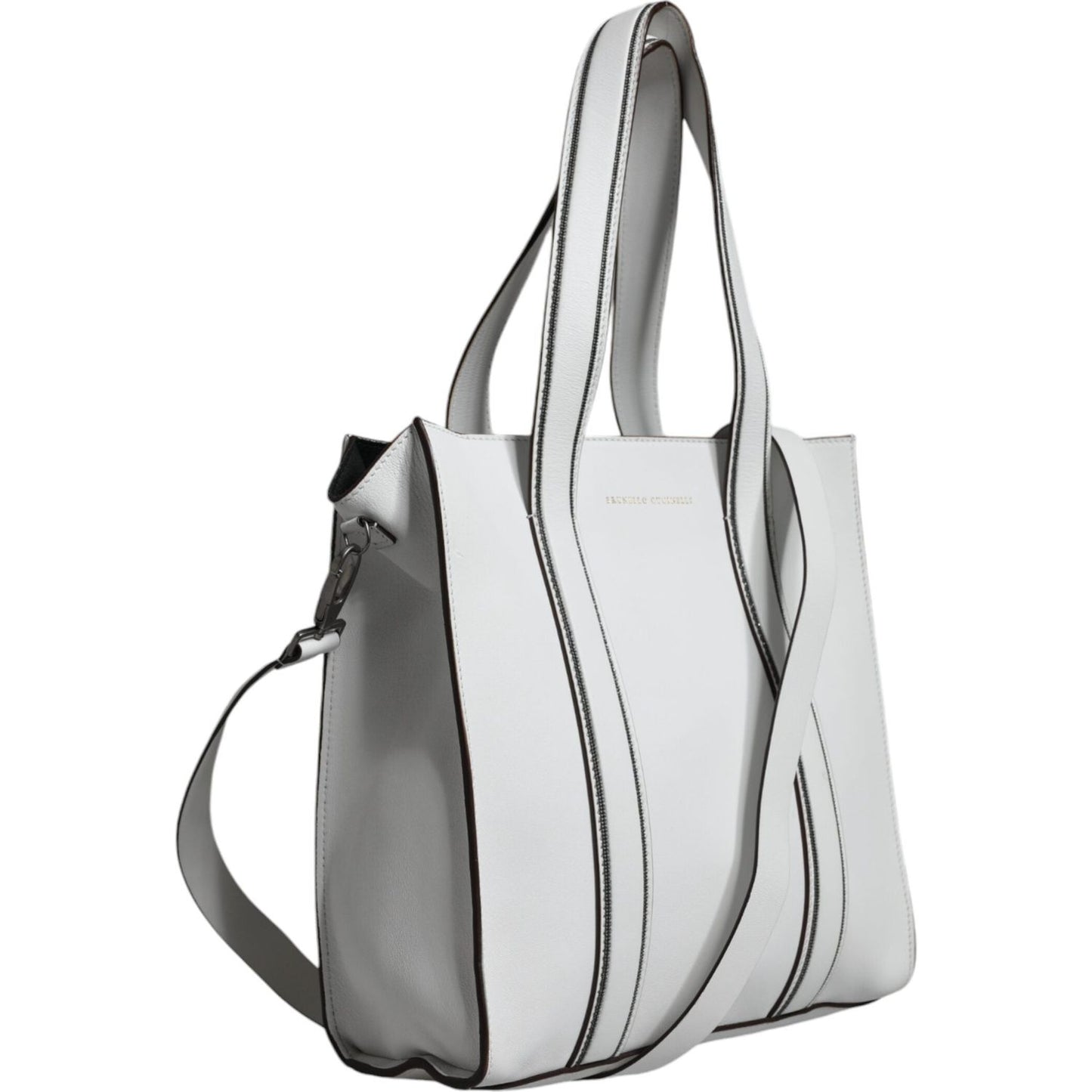 Brunello Cucinelli White Leather Logo Shoulder Strap Shopping Tote Bag Brunello Cucinelli