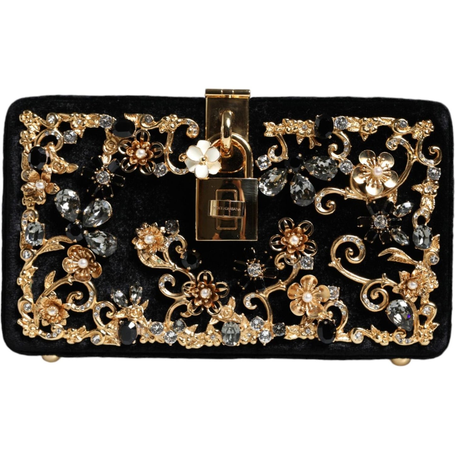 Dolce & Gabbana Black Velvet Floral Crystal Clutch Evening Purse Bag Dolce & Gabbana