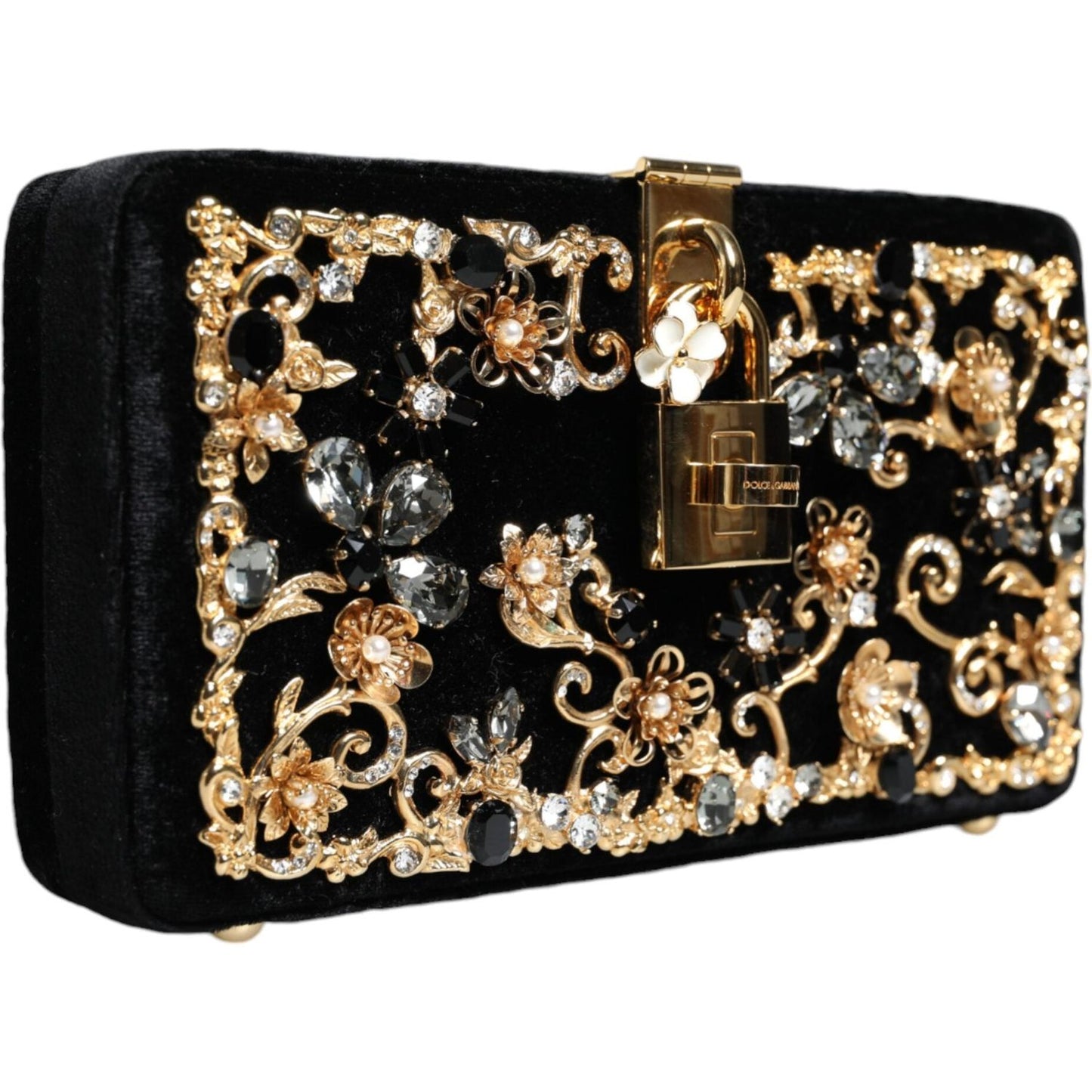 Dolce & Gabbana Black Velvet Floral Crystal Clutch Evening Purse Bag Dolce & Gabbana