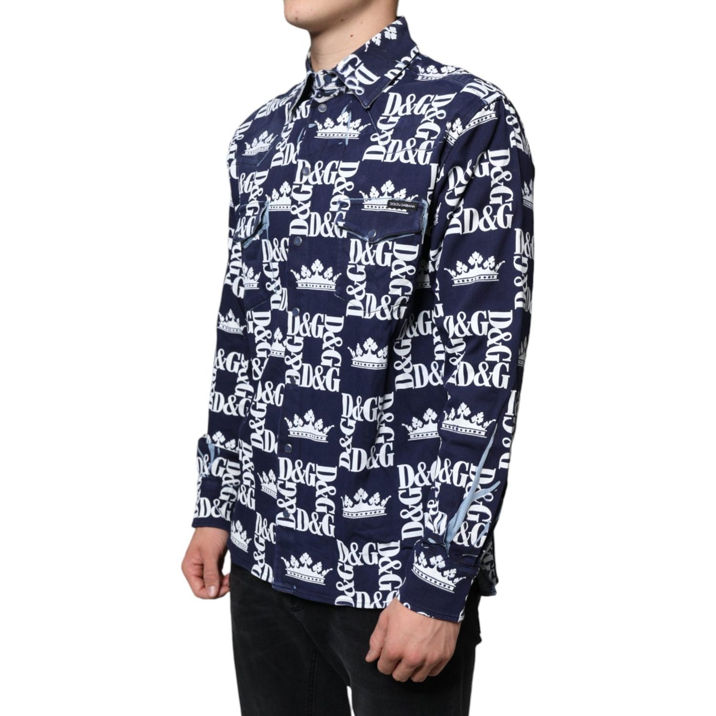 Dolce & Gabbana Blue Crown Logo Print Slim Fit Cotton Shirt Dolce & Gabbana