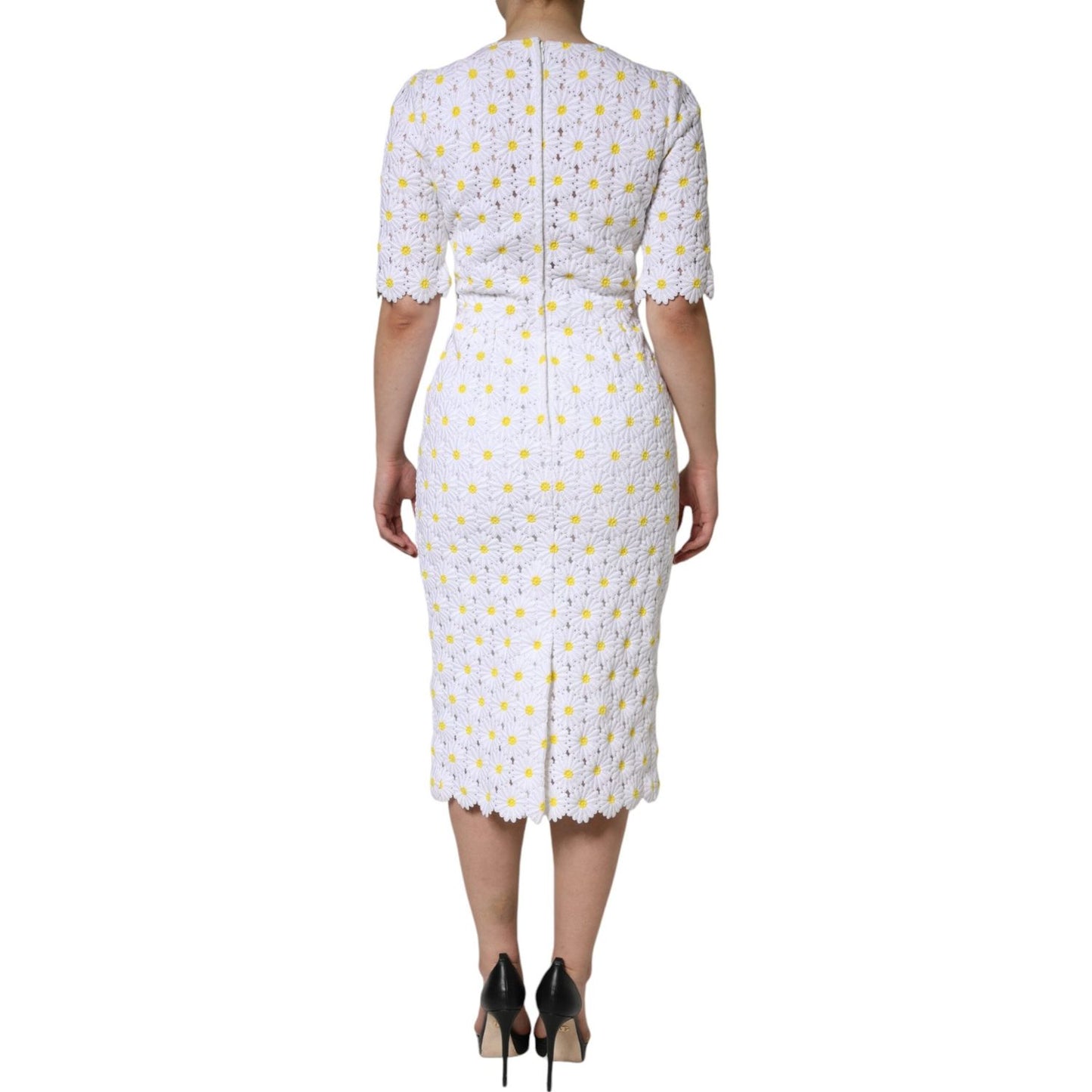 Dolce & Gabbana White Daisy Macrame Lace Sheath Midi Dress Dolce & Gabbana