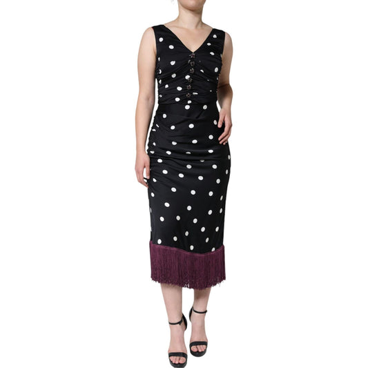 Dolce & Gabbana Black Silk Polka Dot Vneck Tassel Midi Dress Dolce & Gabbana