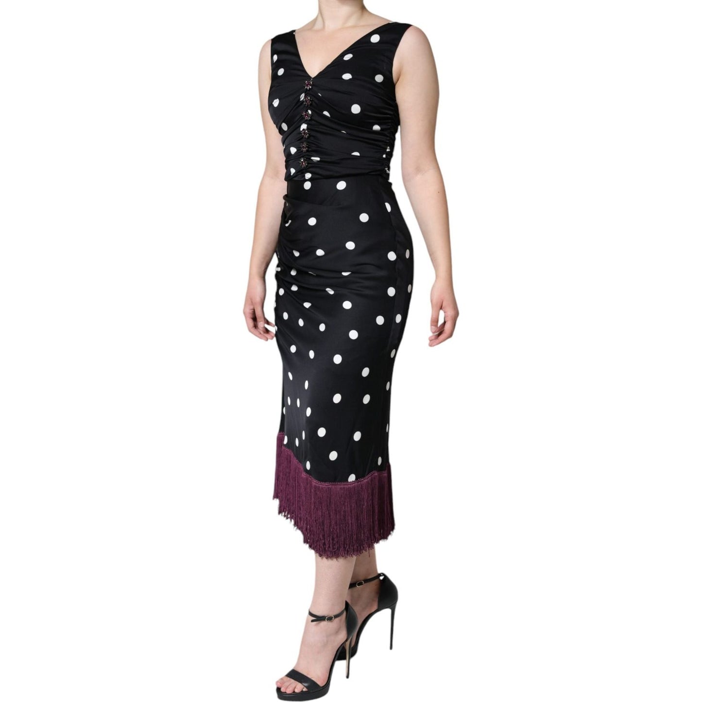 Dolce & Gabbana Black Silk Polka Dot Vneck Tassel Midi Dress Dolce & Gabbana