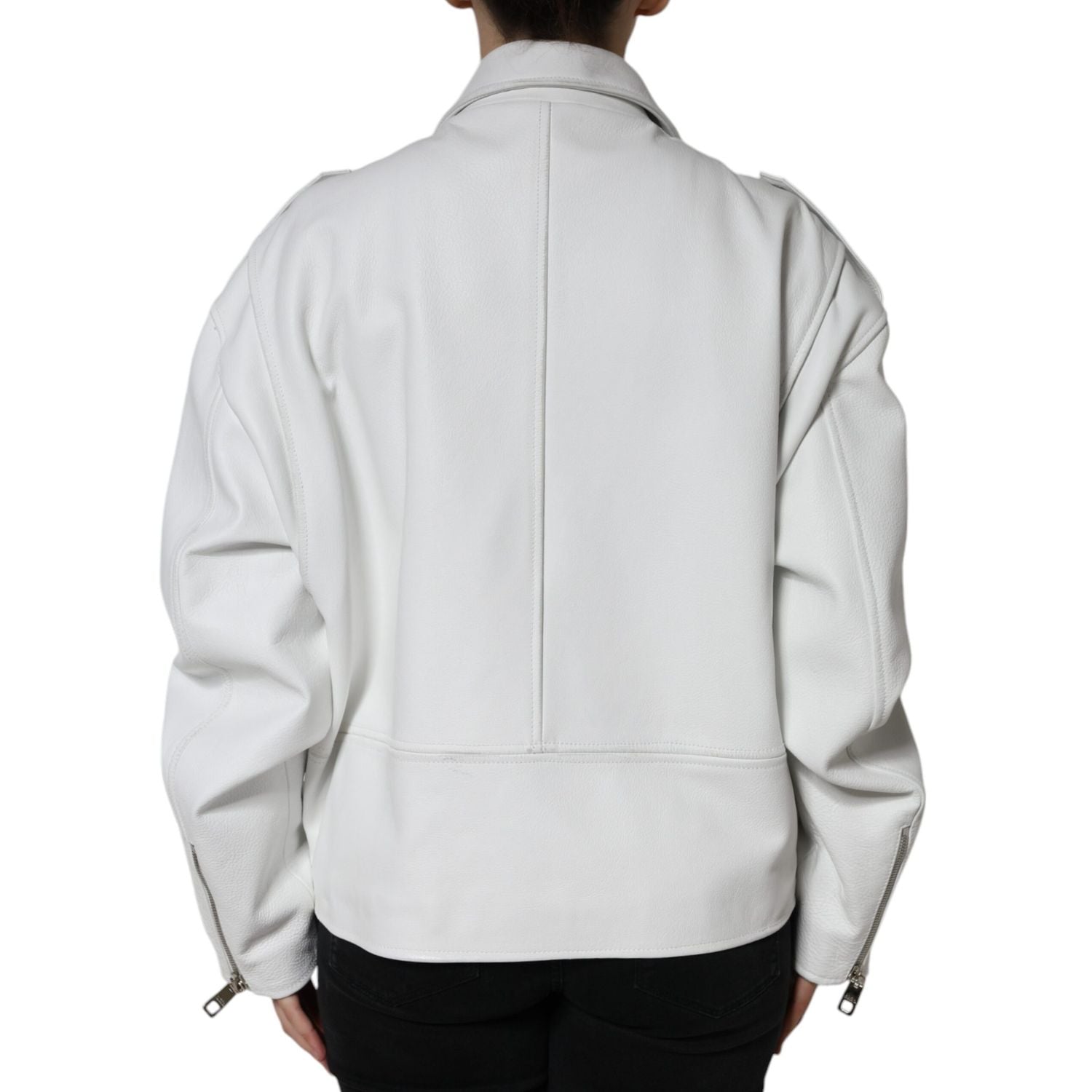 Dolce & Gabbana White Lambskin Leather Biker Coat Jacket