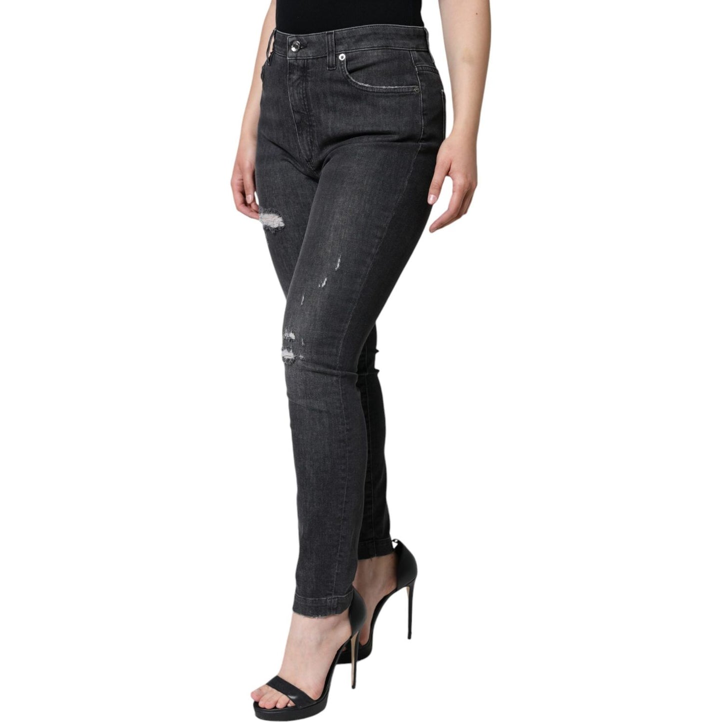 Dolce & Gabbana Black Cotton Stretch Tattered Skinny Jeans Dolce & Gabbana