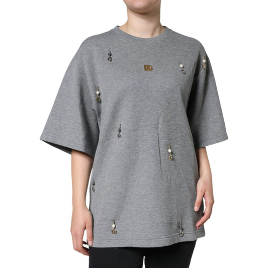 Dolce & Gabbana Gray Cotton Blend Embellished Tee T-shirt Dolce & Gabbana