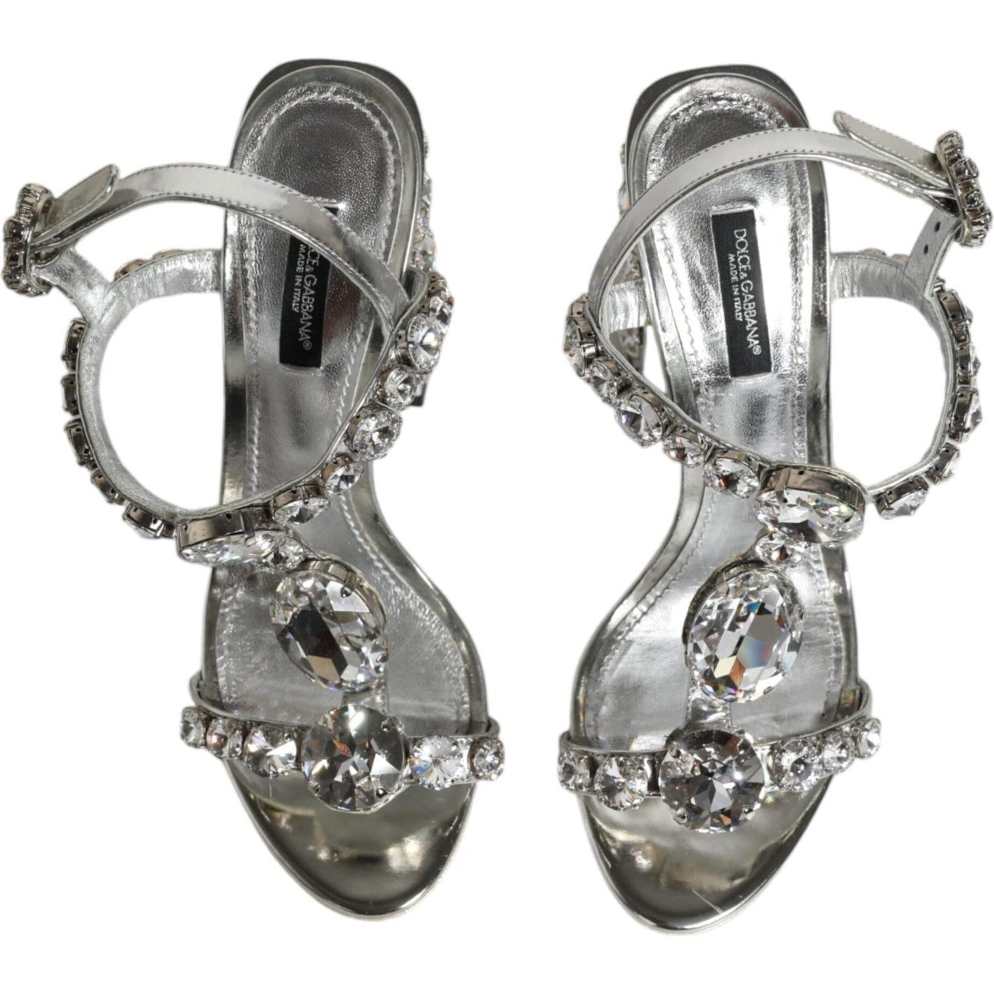 Dolce & Gabbana Silver Leather T-strap Crystal Sandals Shoes Dolce & Gabbana