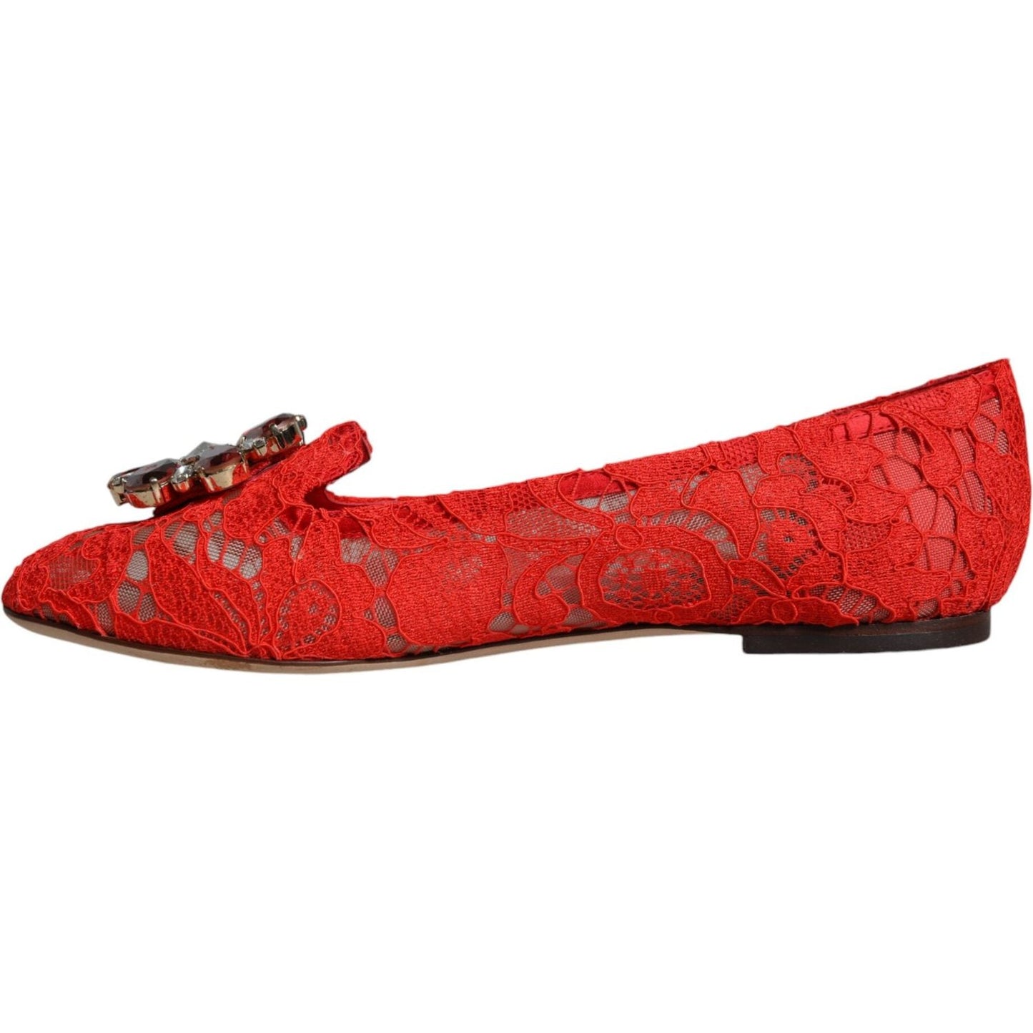 Dolce & Gabbana Red Lace Crystal Ballet Flats Loafers Shoes Dolce & Gabbana