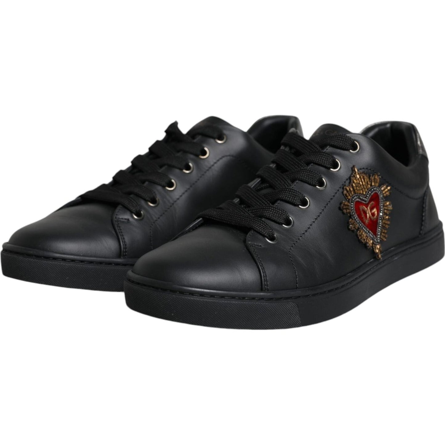 Dolce & Gabbana Black Leather Heart Embellished Sneakers Shoes Dolce & Gabbana